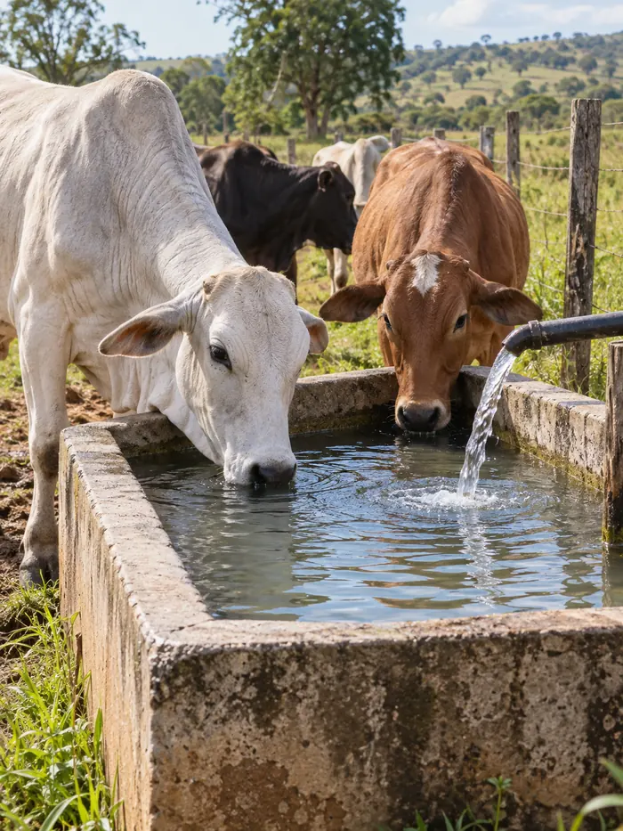 Animais bebendo água em reservatório rural