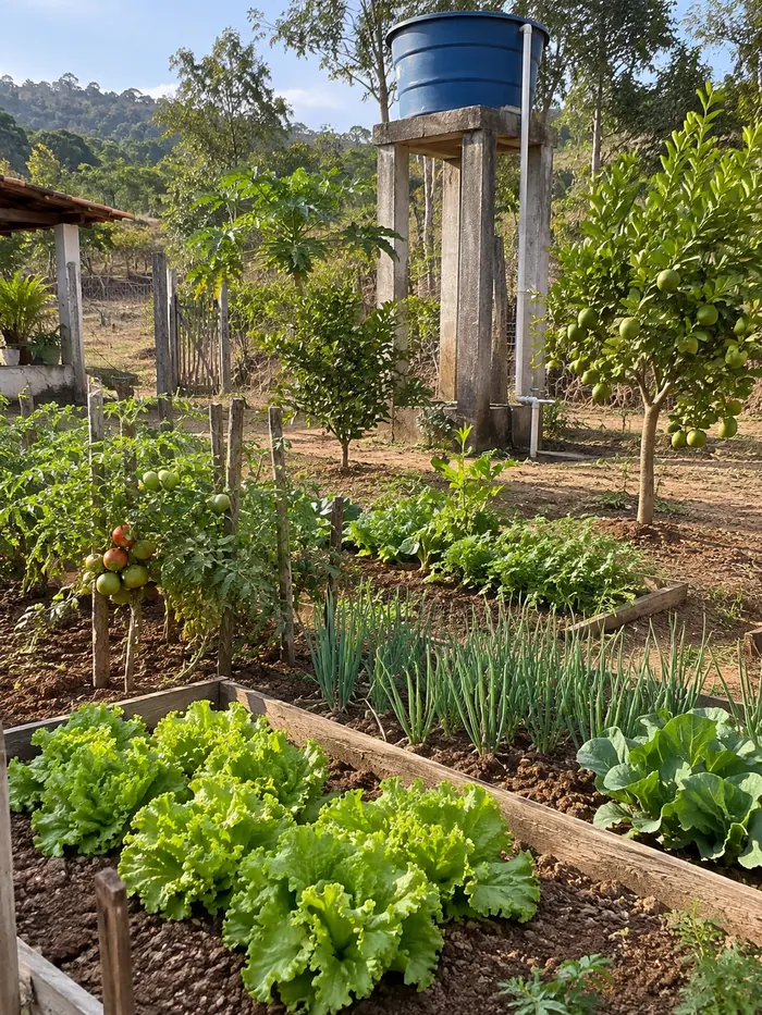 Horta e pequena produção com reservatório de água