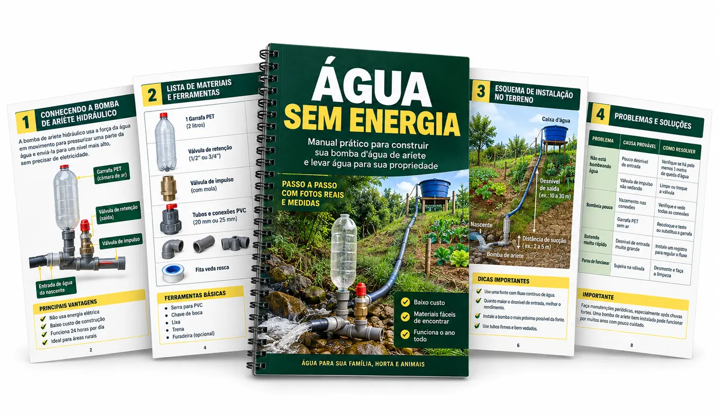 Apostila Água Sem Energia com capa verde, páginas internas e sistema com garrafa PET